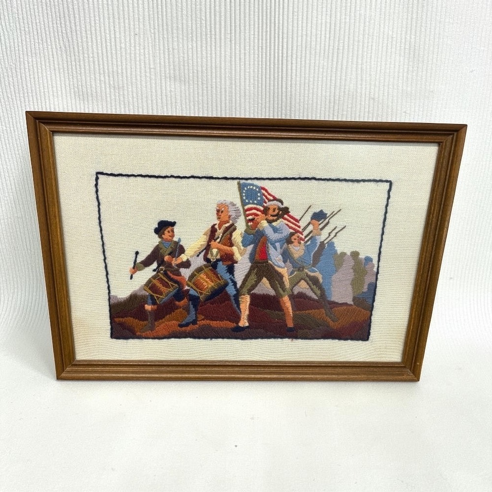 Vintage 1970's Crewel Embroidery Framed Wall Art Spirit of '76 Revolutionary War
